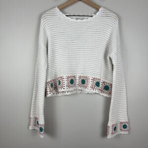 Sincerely Jules Crochet Sweater L Cream Long Sleeve Floral Patch Cottage Boho
